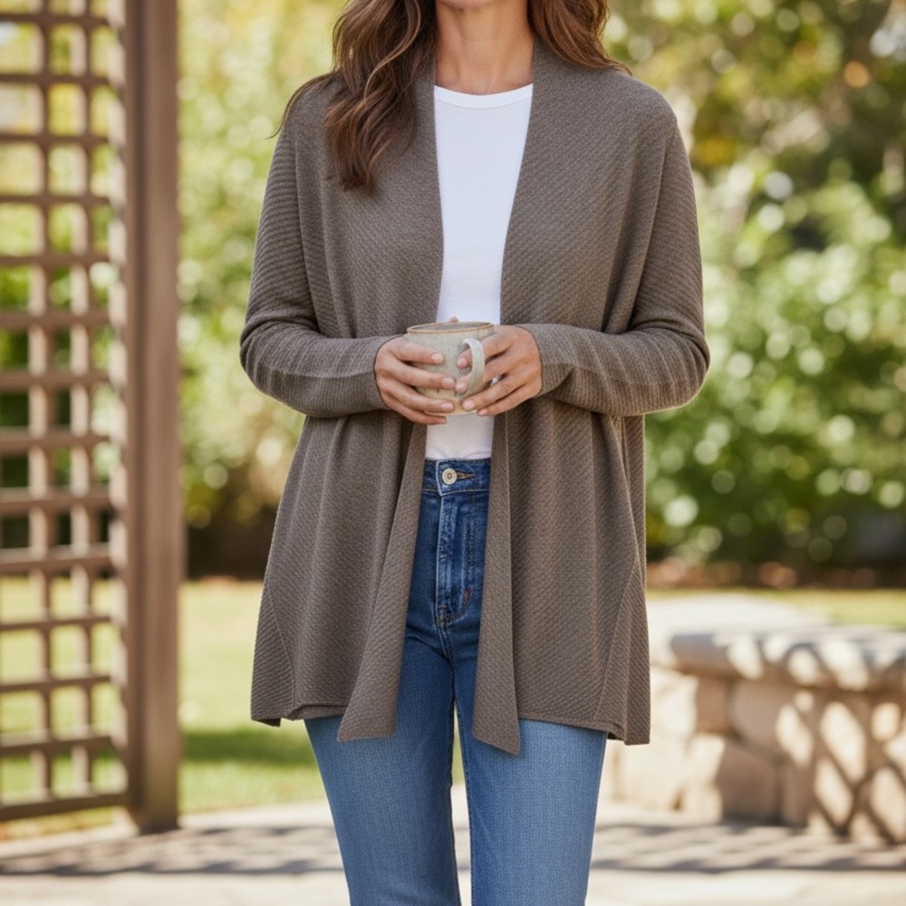 Eileen Fisher 100% Wool Open Cardigan Brown Medium